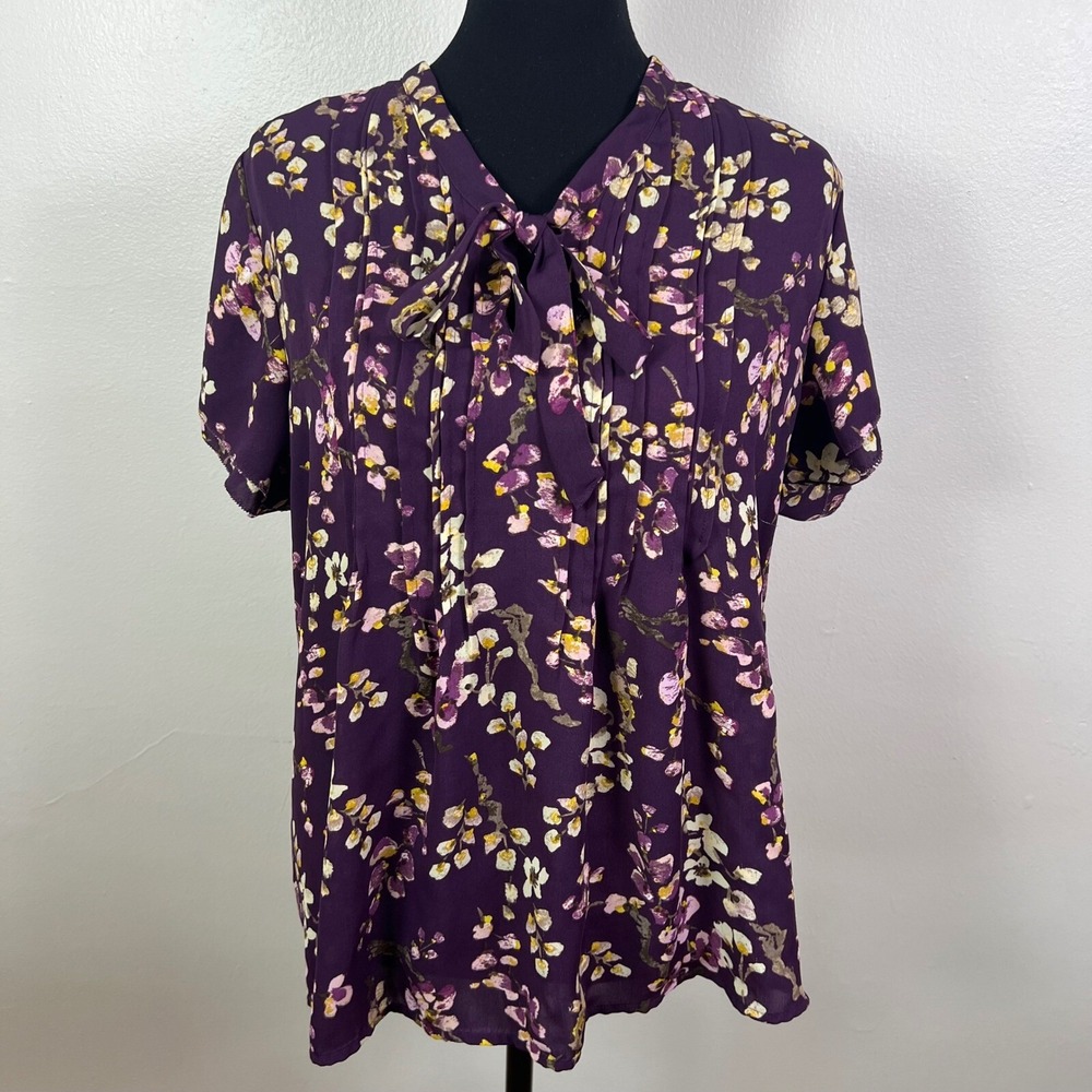 Lands End Womens Purple Floral Tie Neck Pleated Short Sleeve Blouse, Size 16 - Picture 1 of 9